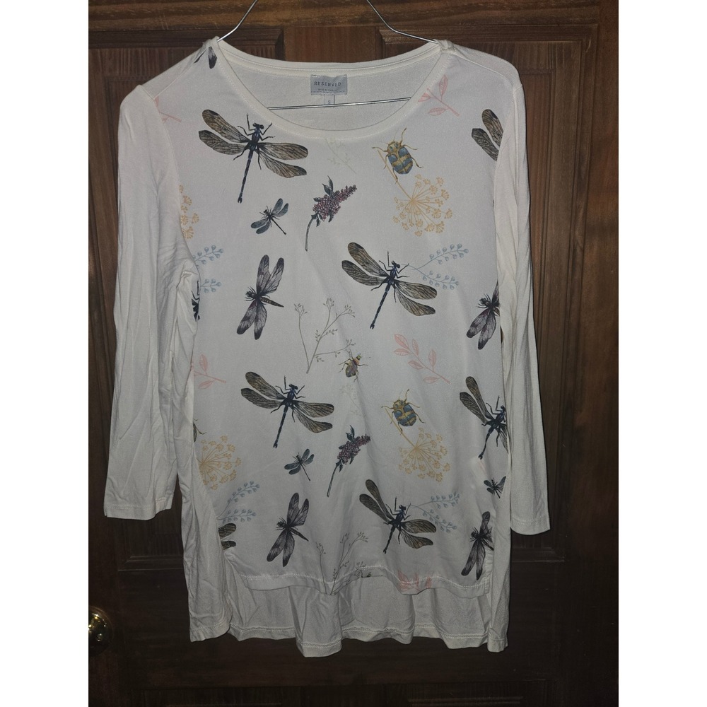 Reserved Womens White Dragonfly Insect Print 3/4 Sleeve High-Low Top Size S